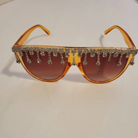 Women Round Oversize Rhinestone Crystal Drip Fashion Sunglasses by FEELOOL